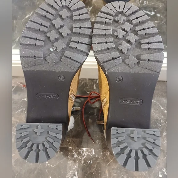 Nine West Tan Suede 4" Block Heel Boots with Red Laces - Picture 8 of 14